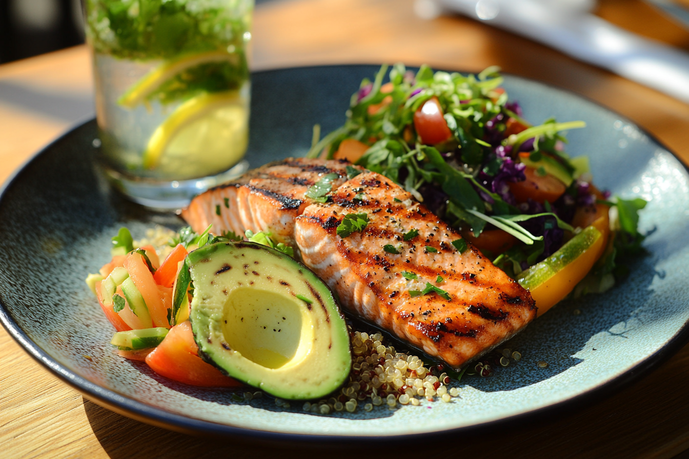 Balanced meal for sustainable weight loss featuring salmon, quinoa, and avocado.