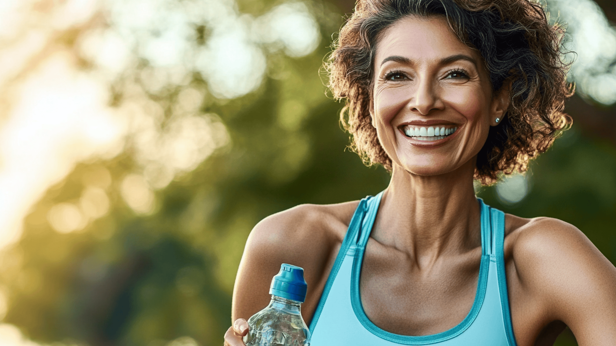 A vibrant woman in her 40s smiling confidently outdoors in a park setting, wearing activewear and holding a water bottle. The scene features lush green trees and soft natural lighting, emphasizing health, balance, and vitality.