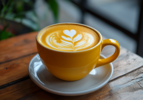 A warm, golden turmeric latte in a ceramic mug, sitting on a rustic wooden bench. Soft natural lighting highlights the creamy froth, with a sprinkle of cinnamon and turmeric on top. A spoon and a small dish of turmeric powder rest beside the mug.
