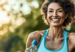 A vibrant woman in her 40s smiling confidently outdoors in a park setting, wearing activewear and holding a water bottle. The scene features lush green trees and soft natural lighting, emphasizing health, balance, and vitality.